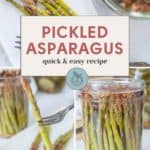 A vibrant collage of pickled asparagus captures a recipe label, showcasing asparagus in a jar, elegantly poised on a fork, and artfully arranged on a dish with mushrooms.