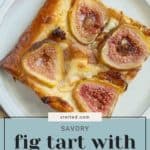 A savory fig onion tart with mascarpone is displayed on a white plate, showcasing a golden crust and sliced fig toppings.