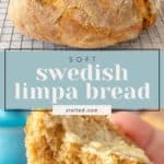 Close-up of two loaves of Swedish limpa bread on a cooling rack and a slice being held, generously spread with butter. Text reads, "Soft Swedish Limpa Bread, stetted.com.