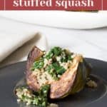 A plate holds a roasted squash stuffed with a mix of quinoa and kale. The image is captioned "Hearty Stuffed Squash with Quinoa and Kale" and includes a website URL at the bottom.