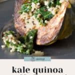 Roasted squash halved and filled with a mixture of kale and quinoa on a dark plate. Text at the bottom reads, "stuffed squash with kale quinoa filling, perfect for fall.