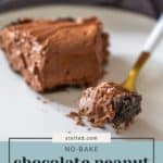 Close-up of a slice of rich Chocolate Peanut Butter Pie on a plate with a fork. The image includes the text "stetted.com," "NO-BAKE," and "chocolate peanut butter pie" at the bottom.