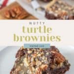 Image shows turtle brownies topped with caramel and pecans on a plate. In the background, more brownies and a knife are visible. Text overlay reads "Nutty Turtle Brownies stetted.com.