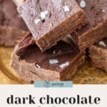 A close-up of dark chocolate fudge squares topped with flaky sea salt, arranged on a decorative plate. "Decadent dark chocolate fudge with flaky sea salt" text is displayed at the bottom.