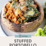 A tantalizing dish of stuffed portobello mushrooms, crowned with melted cheese and savory chorizo, served alongside a side of vibrant broccoli.