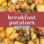 A plate of perfectly roasted breakfast potatoes adorned with colorful peppers and fragrant herbs. Text on image reads: "Delicious breakfast potatoes, stetted.com.