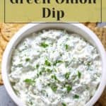 A bowl of green onion dip garnished with herbs sits on a table, surrounded by round crackers and slices of grilled eggplant. Text above the bowl reads "Easy Homemade Recipe: Green Onion Dip.