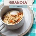 A cup of delicious homemade granola with apricots and yogurt sits elegantly on a saucer, resting atop a blue checkered cloth.