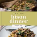 A plate of cooked ground bison with vegetables sits in front of a pot of the same dish. The overlay text reads "Bison One-Pot Dinner" with a URL.