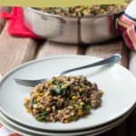 A plate of bison one-pot dinner with grains, corn, and greens rests atop a stack of plates accompanied by a fork. In the background, a pot brimming with more of this hearty bison one-pot dinner awaits. Text says "bison one-pot dinner.