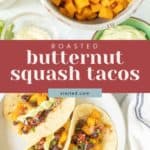 A plate of three delicious butternut squash tacos, perfectly roasted and topped with an array of vibrant toppings, is surrounded by bowls brimming with fresh ingredients.