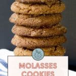 A stack of five ginger molasses cookies with candied ginger is shown. A recipe card at the bottom reads "Molasses Cookies with Candied Ginger" and "Get the Recipe at stetted.com.