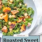 A vibrant bowl of roasted sweet potato salad, brimming with wholesome chickpeas and fresh kale.