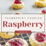 Two images of delightful raspberry thumbprint cookies: one captures a spoon lovingly adding jam to unbaked cookies on a tray, while the other showcases the perfectly baked treats cooling on a rack, their sweet centers gleaming with luscious raspberry jam.