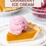 A slice of pumpkin pie crowned with cranberry ice cream sits elegantly on a decorative plate. In the background, a bowl of fresh cranberries adds a burst of color and flavor to the scene.