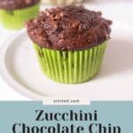 A chocolate chip muffin in a green wrapper sits on a white plate, with another muffin in the background. Text on the image reads: "Zucchini Chocolate Chip Muffins - Moist & Delicious Recipe." Consider pairing these muffins with strawberry vanilla jam for an extra burst of flavor.