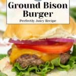 Savor our ground bison burger topped with cheddar, lettuce, tomato, and red onion on a fresh bun. Text overlay: "Ground Bison Burgers: Perfectly Juicy Recipe. Get the recipe at stetted.com.