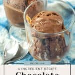 Two transparent glasses filled with chocolate frozen yogurt are placed on a blue and white cloth, with two silver spoons beside them. A text overlay reads, "4 Ingredient Recipe: Chocolate Frozen Yogurt." This delightful treat is perfect for any occasion.