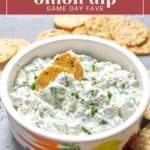 A bowl of green onion dip with herbs, garnished with crackers. Text above reads "green onion dip - game day fave." Perfect for any special occasion or just a casual get-together, this delightful recipe is sure to be your new game day favorite!