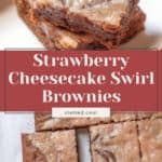 A close-up of delectable strawberry cheesecake swirl brownies showcases their marbled topping and perfectly cut rectangular pieces. The enticing image invites you to indulge in the sweet perfection of these delightful treats, capturing the essence of strawberry cheesecake magic.