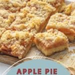 Apple pie bars with a crumbly top layer are cut into squares and displayed on a wooden surface. Text at the bottom reads "Apple Pie Bars, stetted.com".