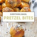 A tray of golden everything bagel pretzel bites glistens enticingly with its signature seasoning. A close-up focuses sharply on one irresistible bite resting on the baking sheet.