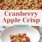 A dish of cranberry apple crisp with a crumbly topping in a baking dish. A serving of the dessert, reminiscent of delectable apple pie bars, is placed in a white bowl next to it. Text reads "Cranberry Apple Crisp.