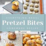 Collage showing steps to craft everything bagel pretzel bites: dough balls, boiled and baked bites generously sprinkled with everything bagel seasoning. Text overlay reads "Homemade Everything Bagel Pretzel Bites Recipe.