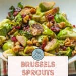 A bowl of Brussels Sprouts with Walnuts and cranberries is presented on a checkered tablecloth. A text overlay reads, "Brussels Sprouts with Walnuts & cranberries. Get the recipe at stetted.com.