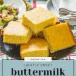 A plate of buttermilk cornbread squares sits on a table beside folded napkins and a dish of salad. Text reads "Lightly Sweet Buttermilk Cornbread from stetted.com.