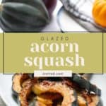 A plate of glazed acorn squash slices is in focus, with the text "Glazed Acorn Squash" and the website "stetted.com" overlaying the image. In the background, a whole acorn squash and a small pumpkin add a touch of seasonal charm.