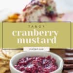 A small white bowl filled with tangy cranberry mustard sits on a wooden board adorned with crackers and rosemary. "Tangy Cranberry Mustard" is written in bold text on the image, highlighting the zesty flavor.