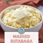 A bowl of mashed rutabaga topped with butter and grated Parmesan sits on a brown cloth, with the text "Mashed Rutabaga with Parmesan" and "Get the recipe at stetted.com" below the image.