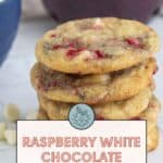 A stack of scrumptious raspberry white chocolate cookies sits invitingly in front of a blue bowl and a dark purple bowl. At the bottom, a recipe card reads "Raspberry White Chocolate Cookies" with an enticing website URL.