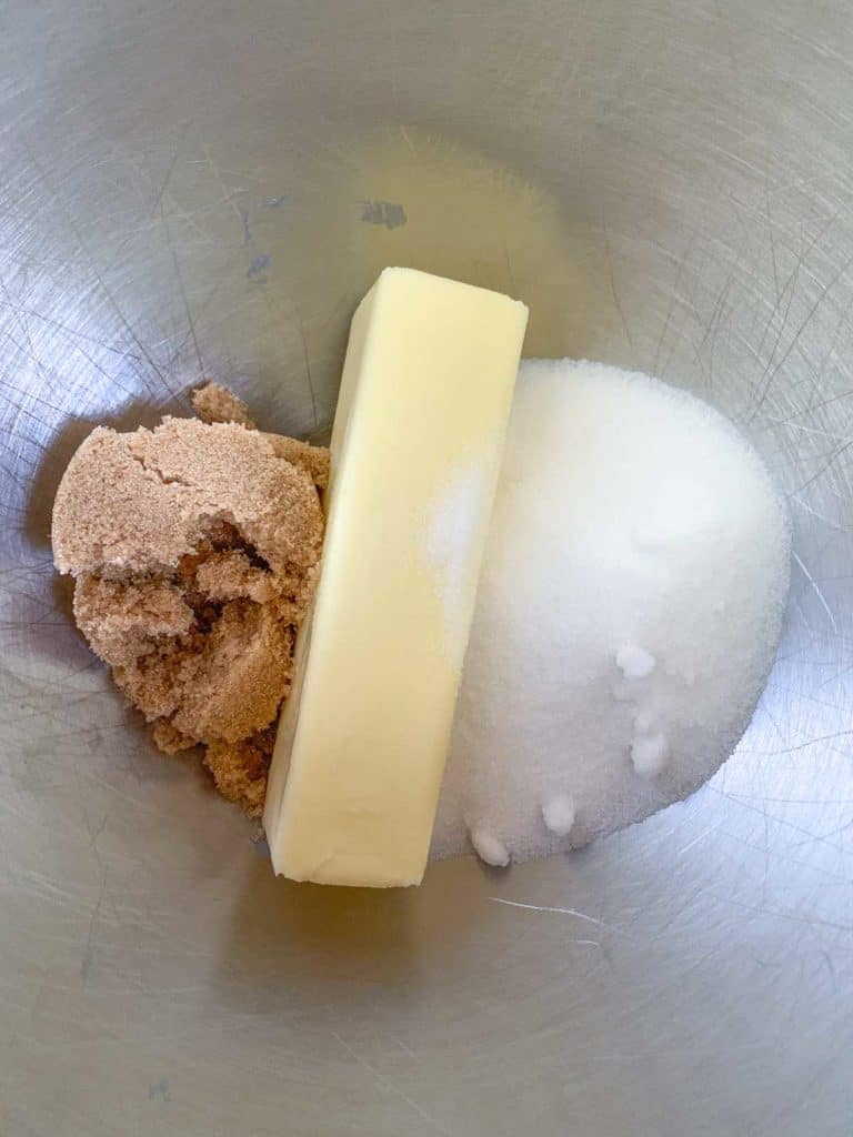 butter and sugars in a mixing bowl