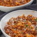 close up of American goulash in two bowls