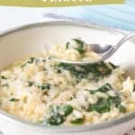 A bowl of creamy spinach risotto with a spoonful being lifted. Text reads "spinach risotto delight" and "easy side or main," with website "stetted.com" at the bottom.