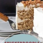 A spatula holds a slice of snickerdoodle cake with white frosting and a crumb topping, against a stack of white plates. The cake is labeled "Snickerdoodle Layer Cake.