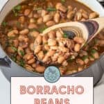 A pot of borracho beans in a slow cooker with a wooden spoon lifting some beans. Text overlay reads: "Delicious Borracho Beans made right in the slow cooker. Get the recipe at stetted.com.