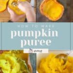 A collage illustrating the steps to make pumpkin puree, featuring images of scooping seeds from a halved pumpkin, baked pumpkin halves, mashing the pumpkin, and a spoonful of finished puree. Text reads "How to Make Pumpkin Puree".