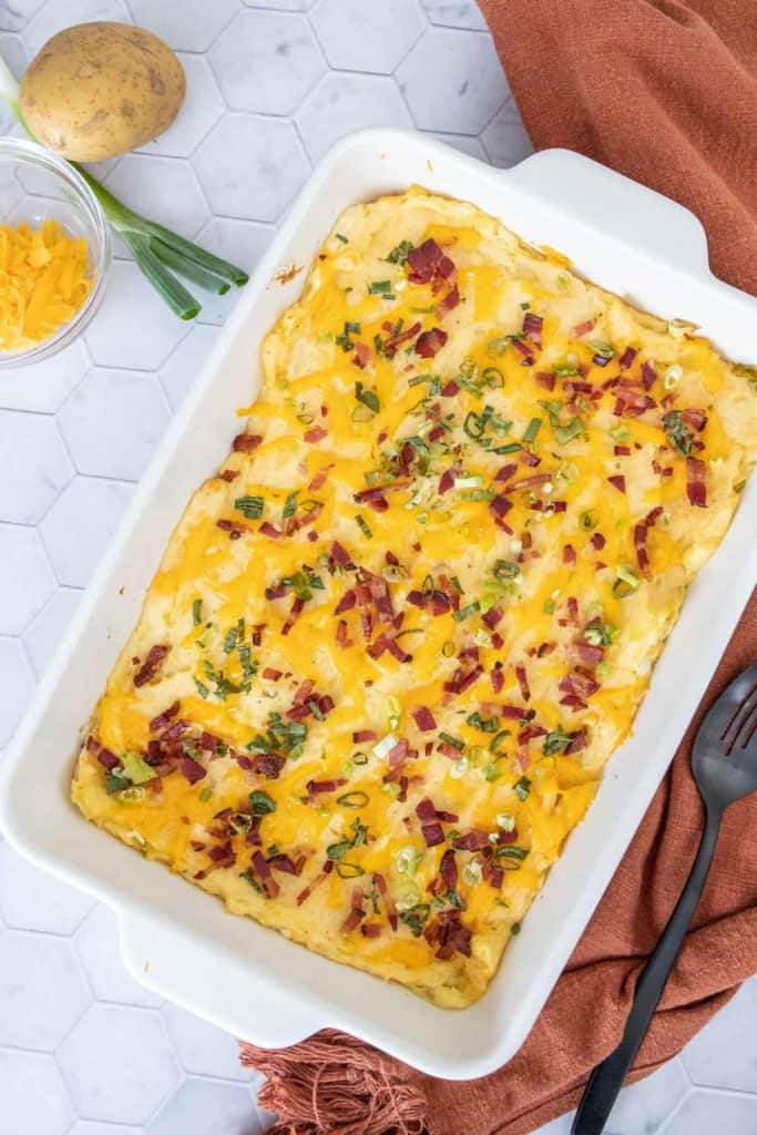 overhead of twice baked mashed potato casserole