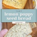 A loaf of lemon poppy seed bread rests on a wooden board, while a hand holds a freshly sliced piece. Text overlay reads, "Tart lemon poppy seed bread," and "stetted.com.