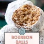 Close-up of powdered bourbon balls, with one bitten to reveal the textured interior. Text below reads "Bourbon Balls with maple syrup. Get the recipe at stetted.com.