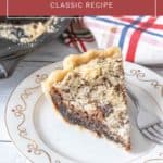 A slice of shoofly pie on a decorative plate with a fork, accompanied by a baking dish and a plaid cloth in the background. Text reads "Shoofly Pie: Classic Recipe.