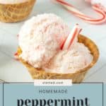 A waffle bowl brimming with scrumptious homemade peppermint ice cream, garnished with a small candy cane. A red-patterned tea towel lies in the background. Text reads "HOMEMADE peppermint ice cream.