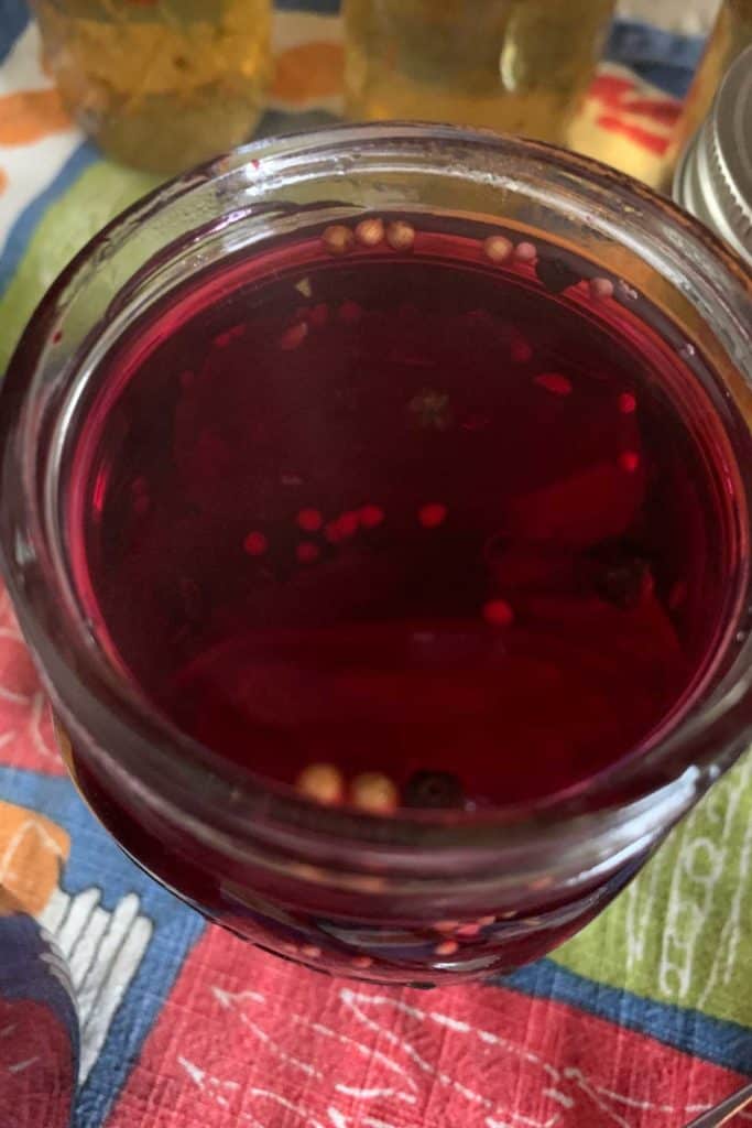 Jar filled with beets and pickling brine.