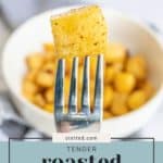 A fork holding a seasoned, roasted rutabaga cube is in focus, with a bowl of more roasted rutabaga pieces blurred in the background. The text reads "stetted.com Tender roasted rutabaga," showcasing the perfect way to enjoy this delicious vegetable.