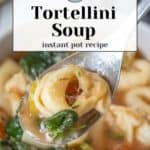 A spoon lifts tortellini soup with vibrant spinach and tomatoes, set against a backdrop of a steaming bowl. Text exclaims: "Tortellini Soup, instant pot recipe.