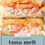 Close-up of a delicious tuna melt sandwich cut in half, revealing layers of creamy tuna salad, fresh sliced tomatoes, and gooey melted cheese between toasted bread. Text at the bottom reads "Diner Favorite Tuna Melt Sandwich".