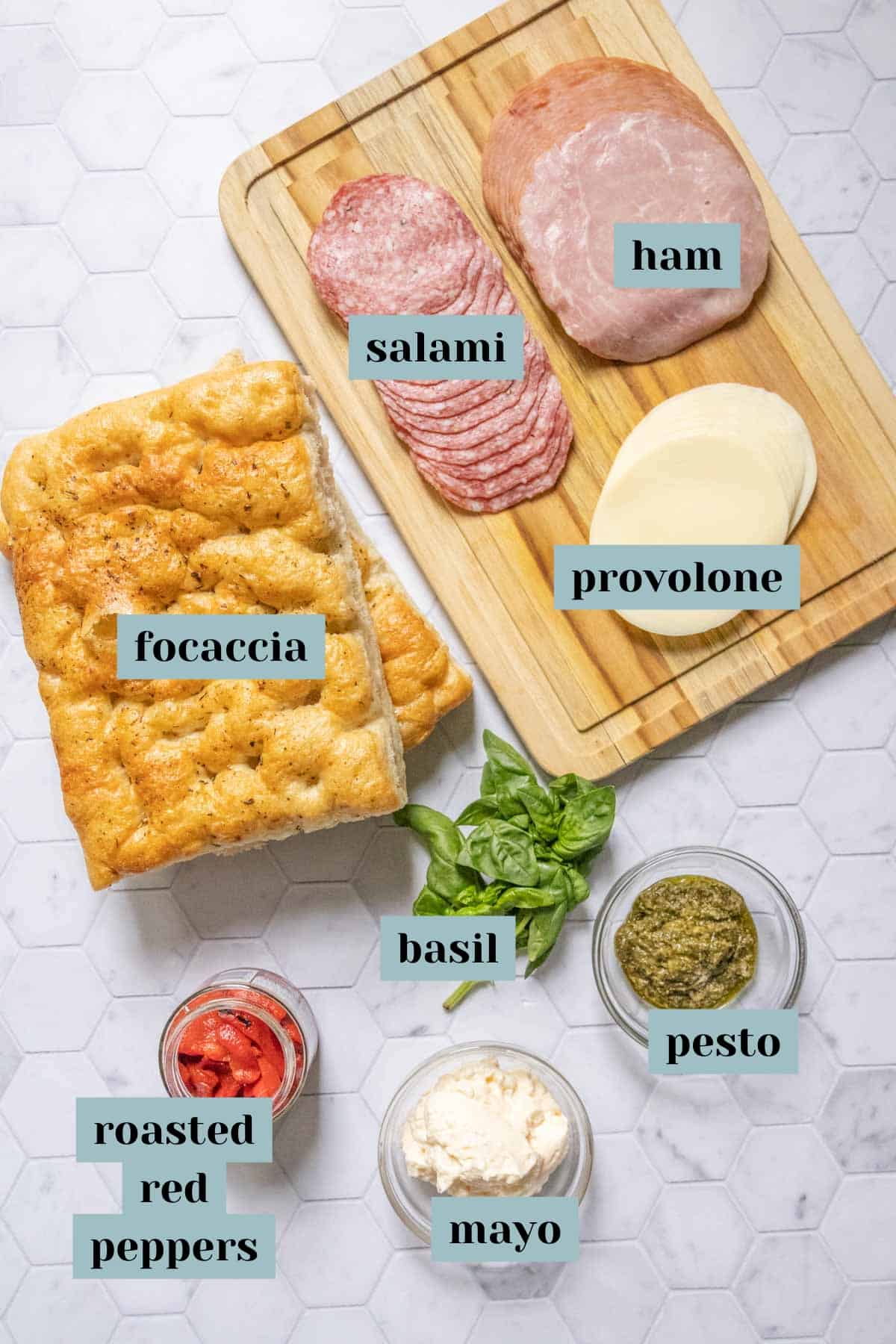 Ingredients for pressed Italian sandwiches on a tile surface with labels.